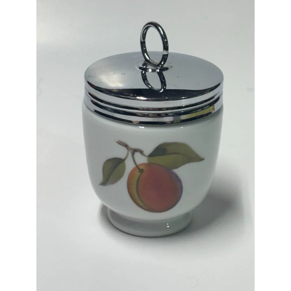 Vintage Royal Worcester Evesham Egg Coddler Fruit Porcelain Chrome Lid England